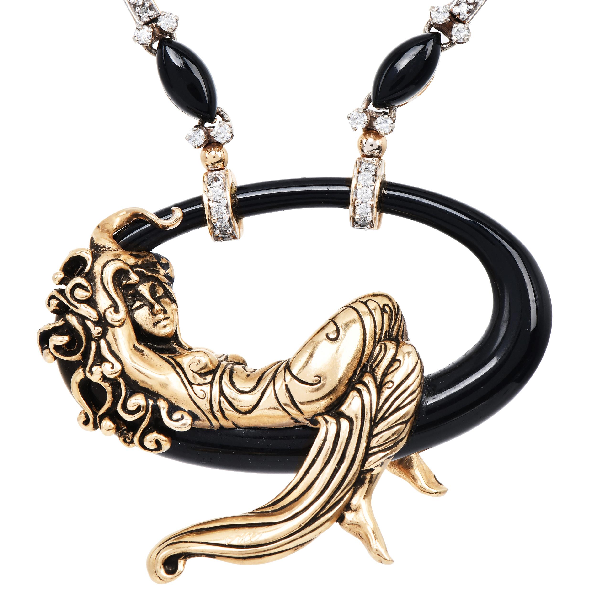 Art Déco Erte Vintage La Belle by Erté Collana con diamanti in onice in vendita