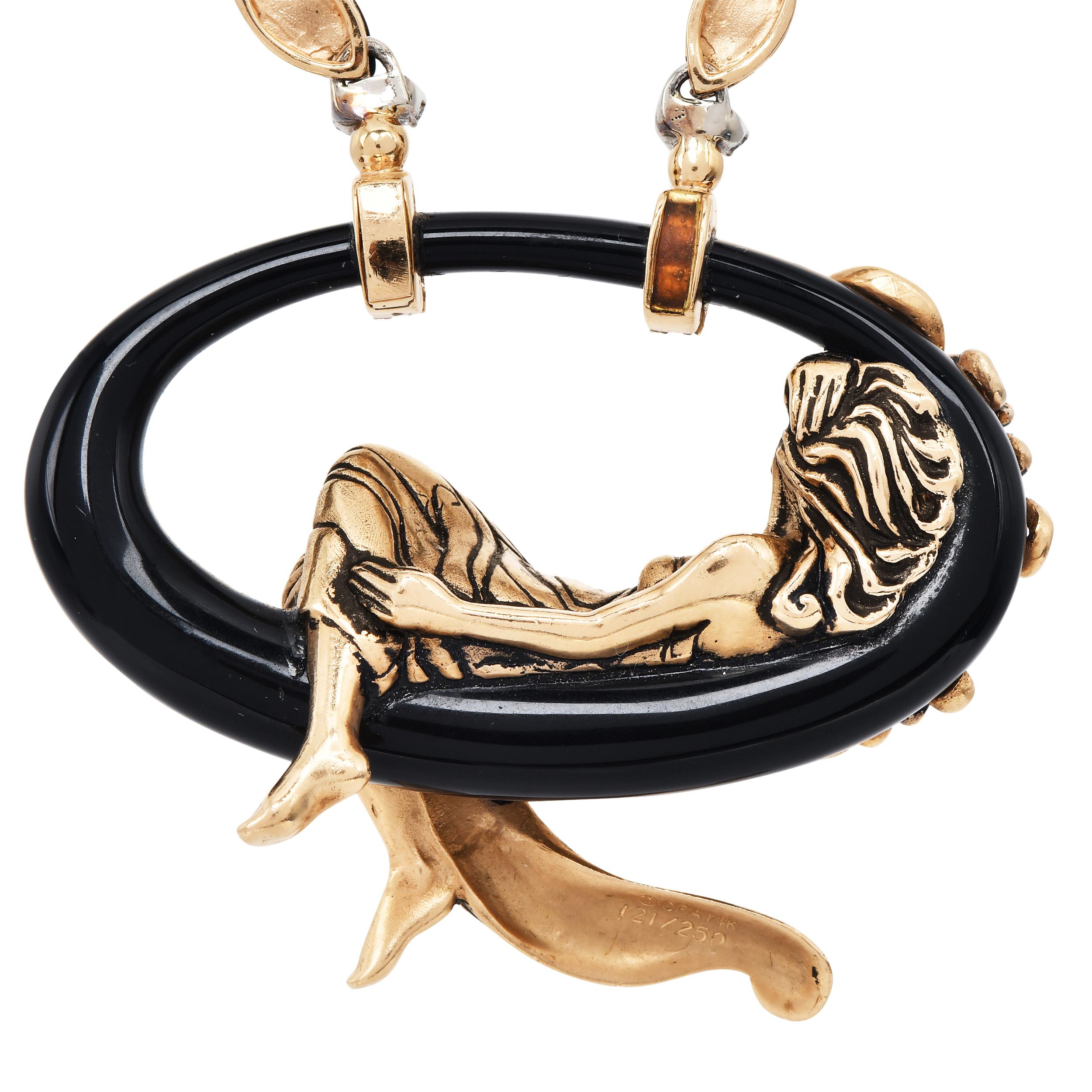 Erte Vintage La Belle by Erté Collana con diamanti in onice In condizioni ottime in vendita a Miami, FL