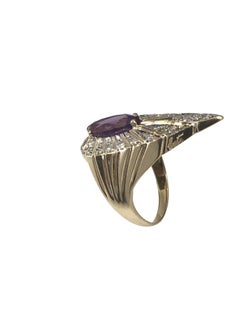 Erte Vintage Yellow Gold Diamond and Amethyst "Peacock" Ring