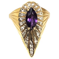 Vintage Erte Yellow Gold Diamond and Amethyst "Peacock" Ring