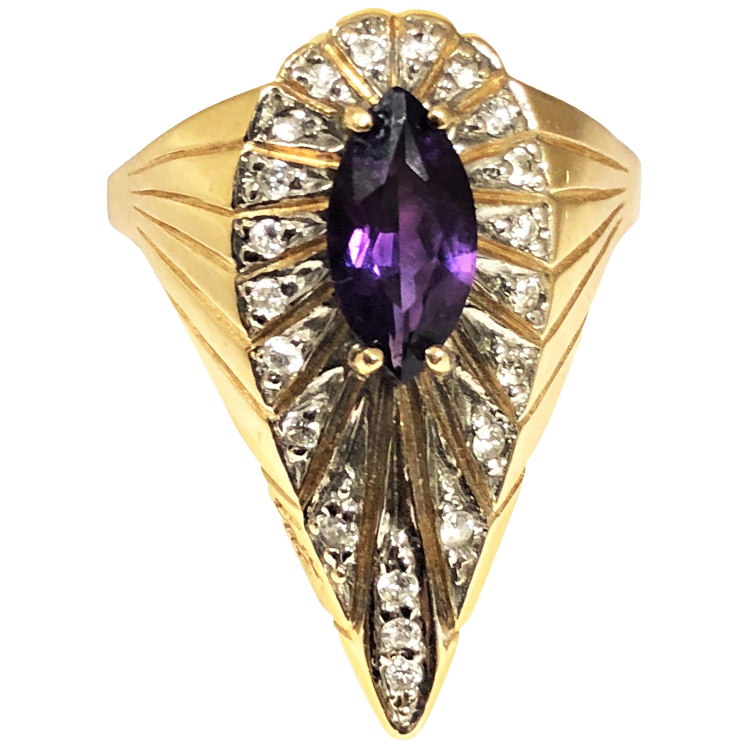 Erte Yellow Gold Diamond and Amethyst "Peacock"  Ring