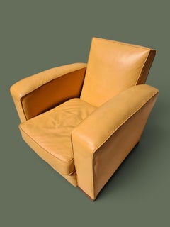 Erton Pair of Art Deco Club Chairs, Camel Leather, France, 1950s
