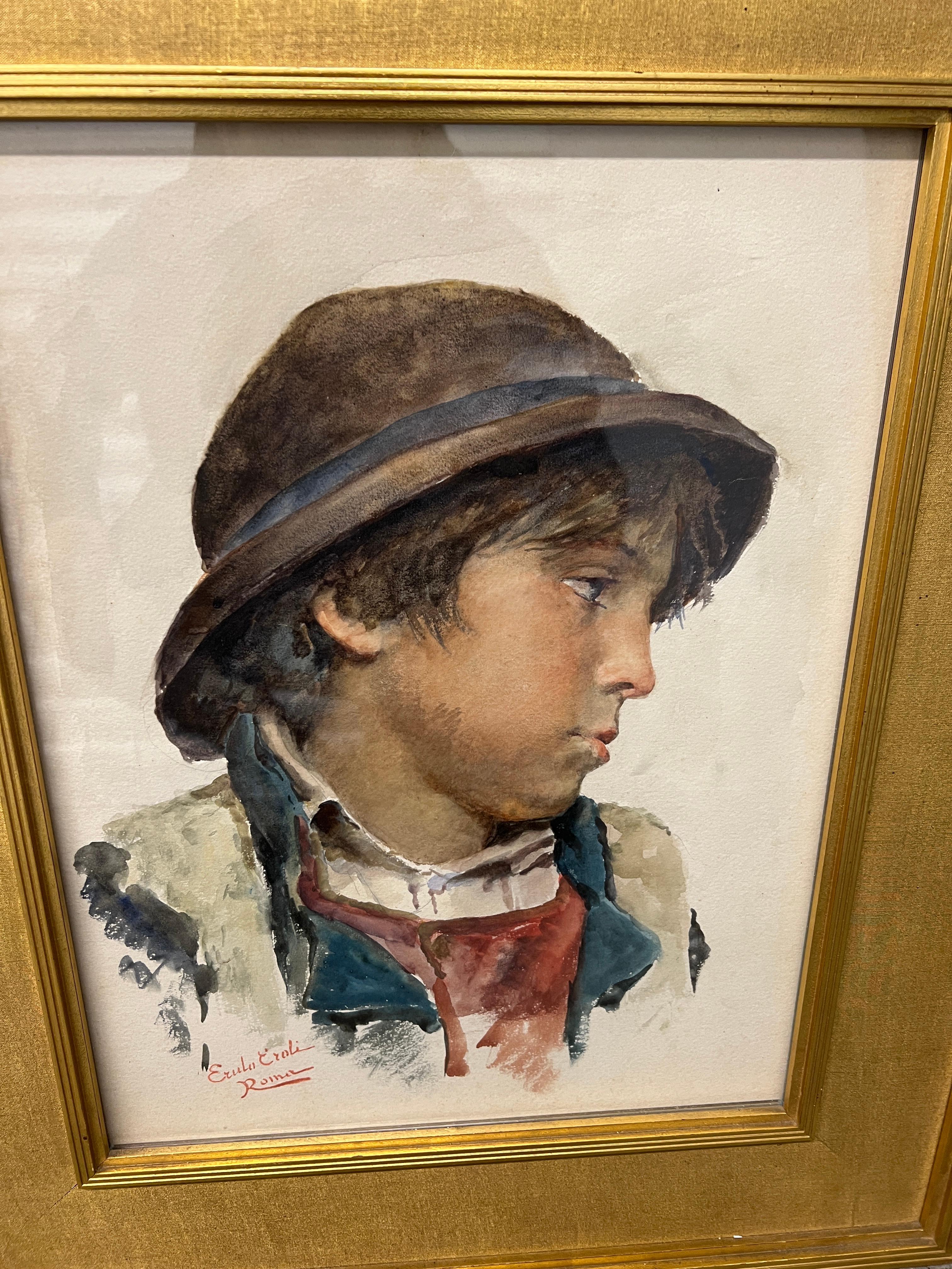 Erulo Eroli (Italian, 1854-1916), circa 1900.

An accomplished watercolor of a young boy. Possibly a study for a large scale piece as he was known for doing. Signed to lower left and presented in a great gilt wood frame. 

