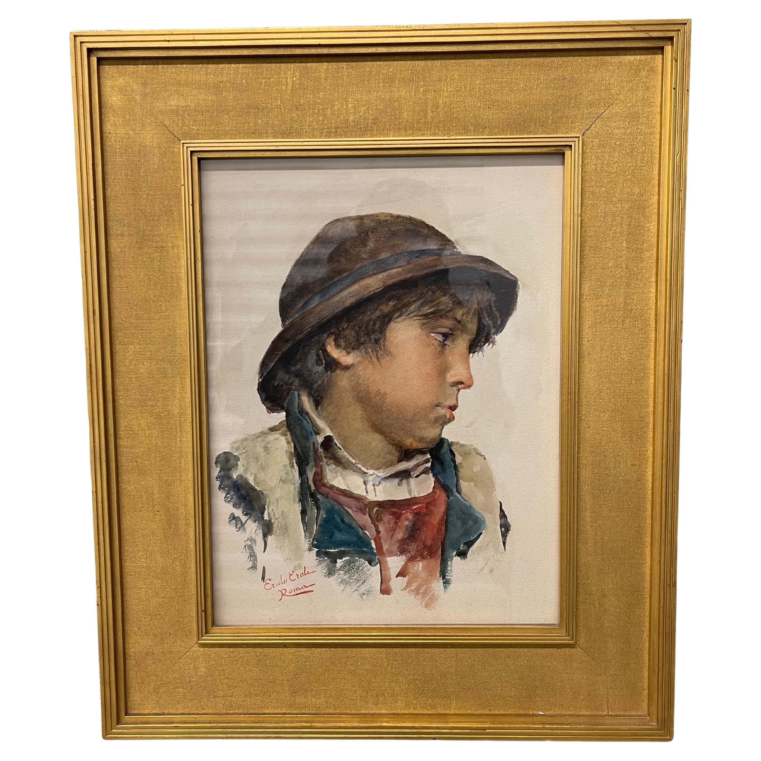 Erulo Eroli (Italian, 1854-1916) Watercolor Portrait of a Boy For Sale