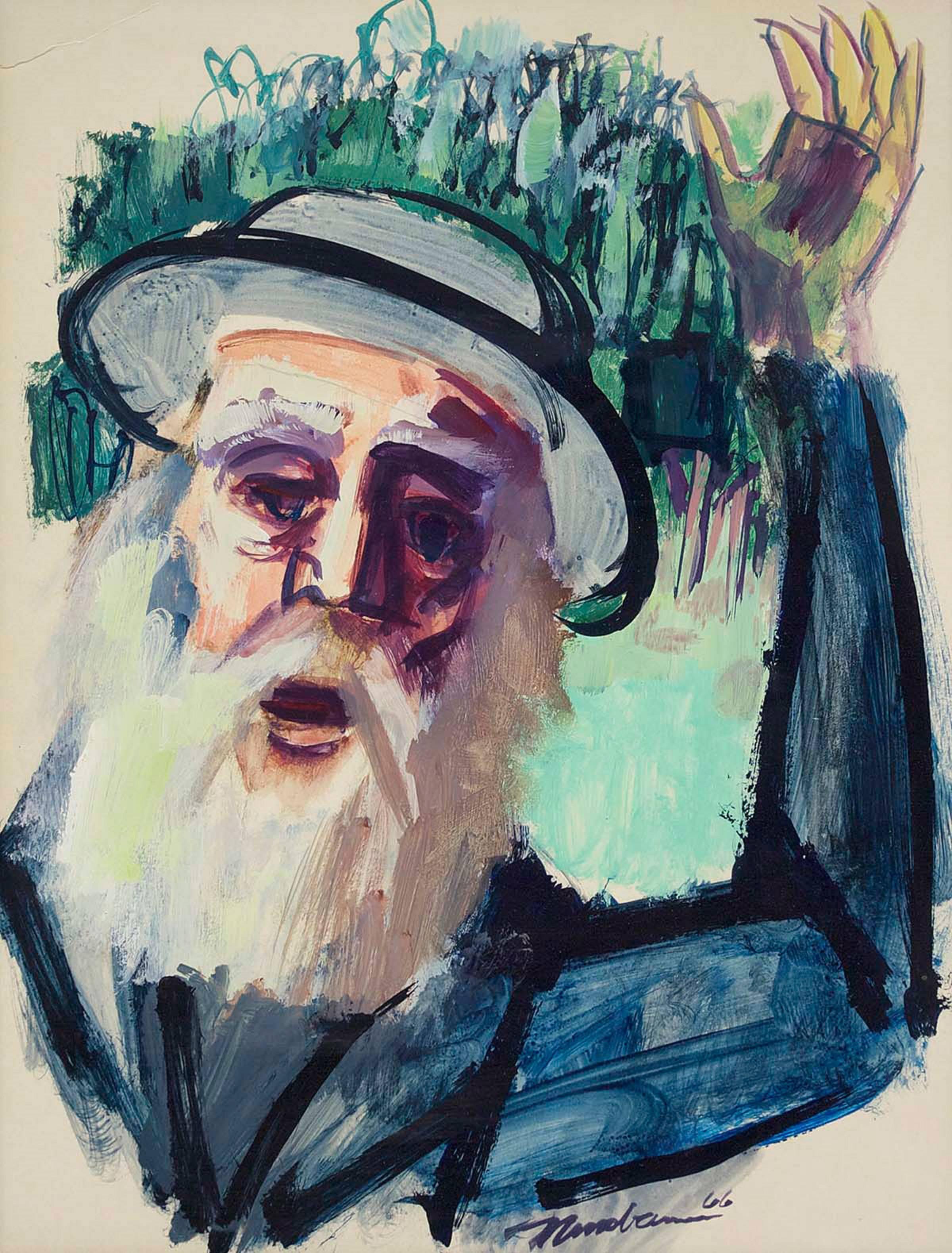 Chassidic Rabbi, Judaica Expressionist Painting - Beige Portrait Painting by Ervin B. Nussbaum