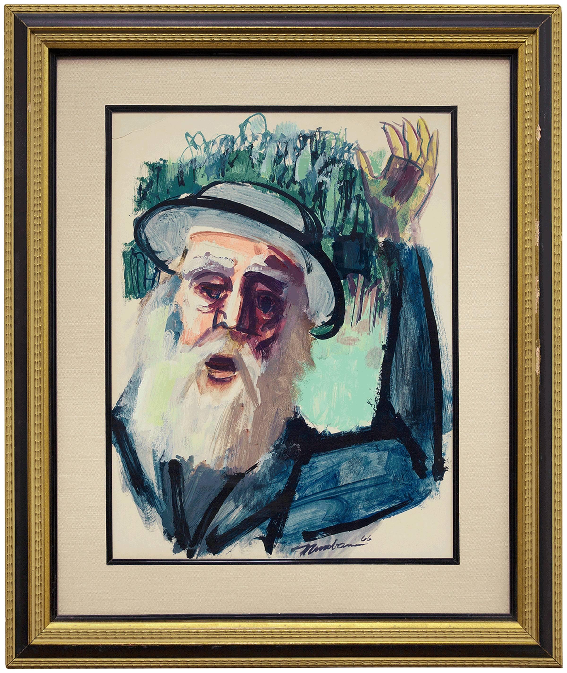 Ervin B. Nussbaum Portrait Painting - Chassidic Rabbi, Judaica Expressionist Painting