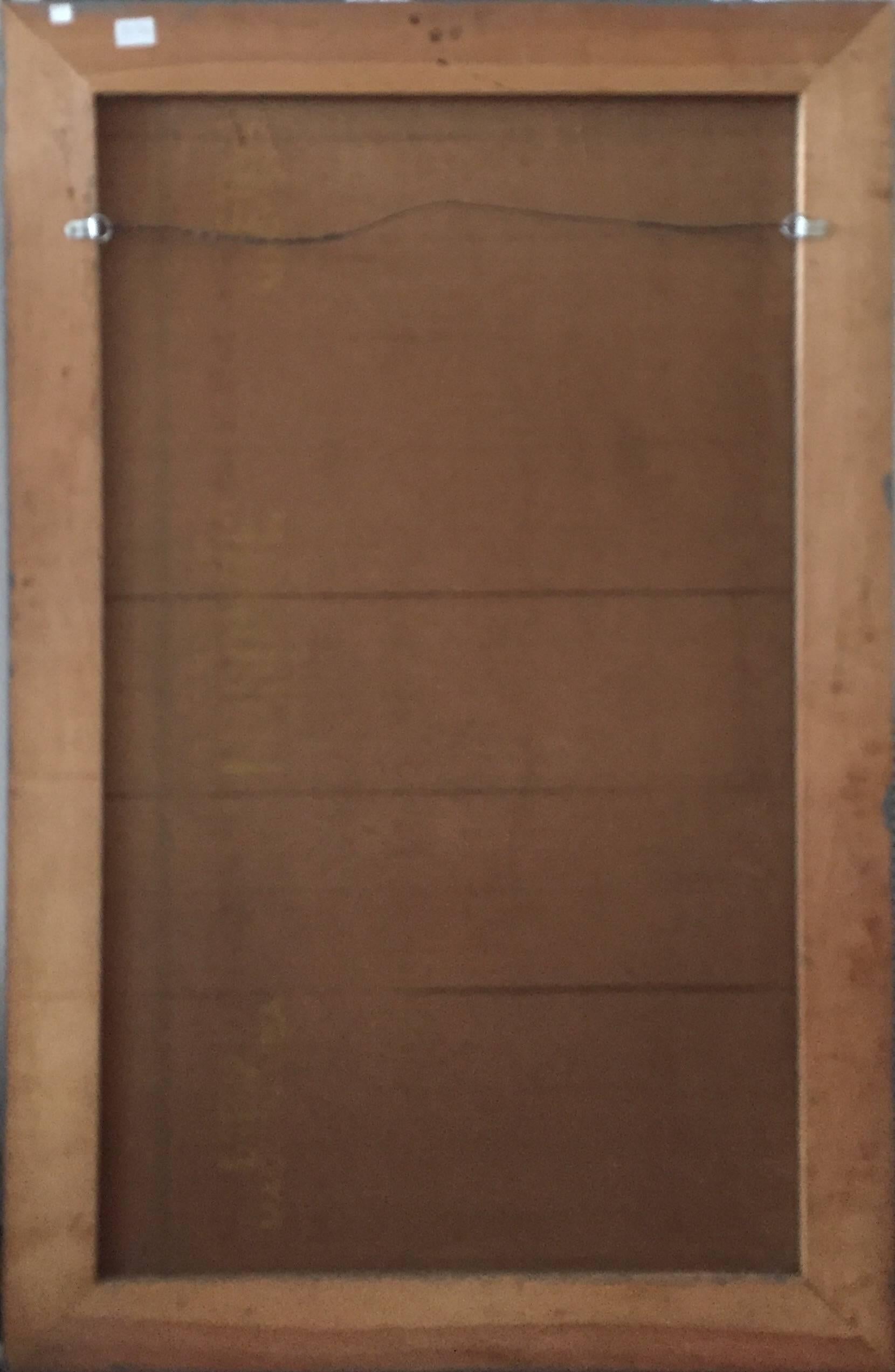 Großes amerikanisches modernistisches Judaica-Ölgem�älde, Ölgemälde, Rabbinerische Diskussion (Orange), Figurative Painting, von Ervin B. Nussbaum