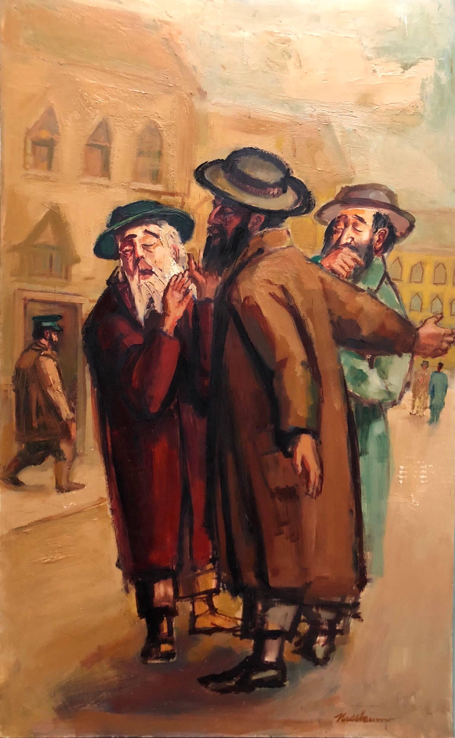 Large American Modernist Judaica Oil Painting Rabbinic Discussion - Orange Figurative Painting by Ervin B. Nussbaum