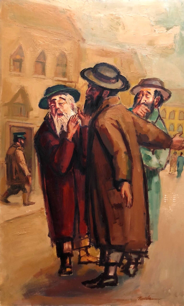 Large American Modernist Judaica Oil Painting Rabbinic Discussion For Sale 3