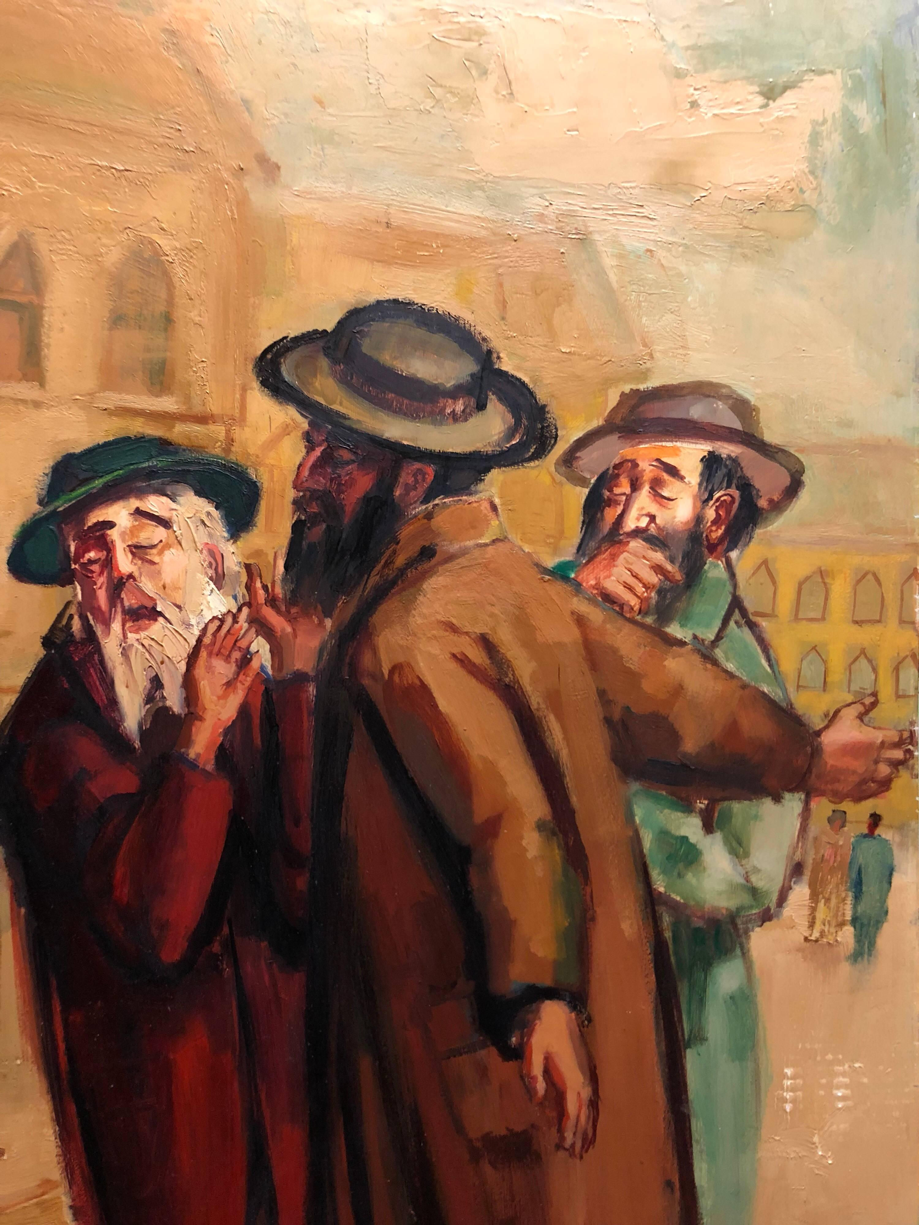Large American Modernist Judaica Oil Painting Rabbinic Discussion For Sale 1
