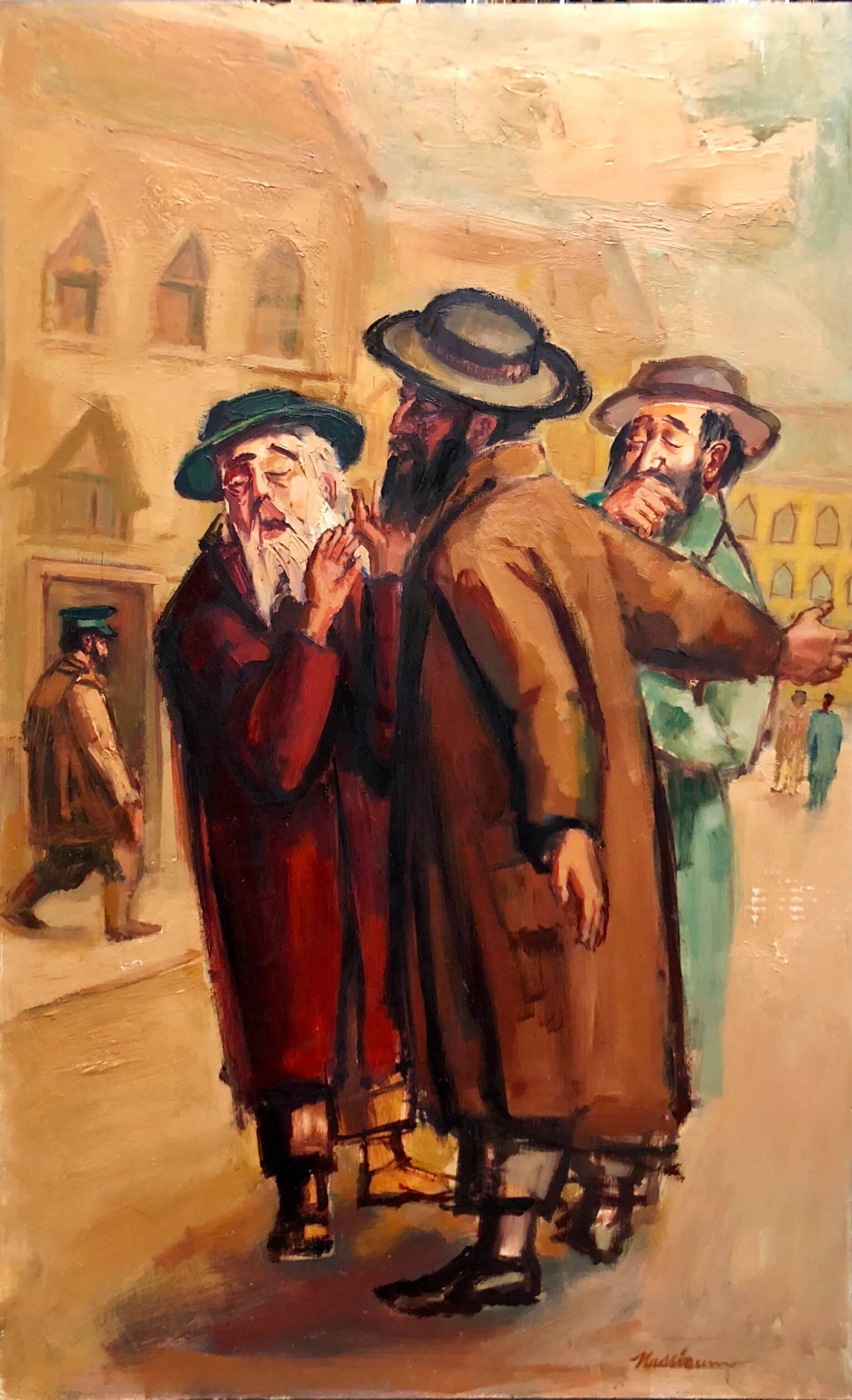 Large American Modernist Judaica Oil Painting Rabbinic Discussion