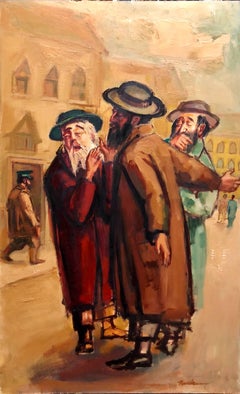 Large American Modernist Judaica Oil Painting Rabbinic Discussion