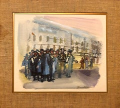Modernist American Judaica Painting Jewish Men Outside Synagogue Eastern Parkway