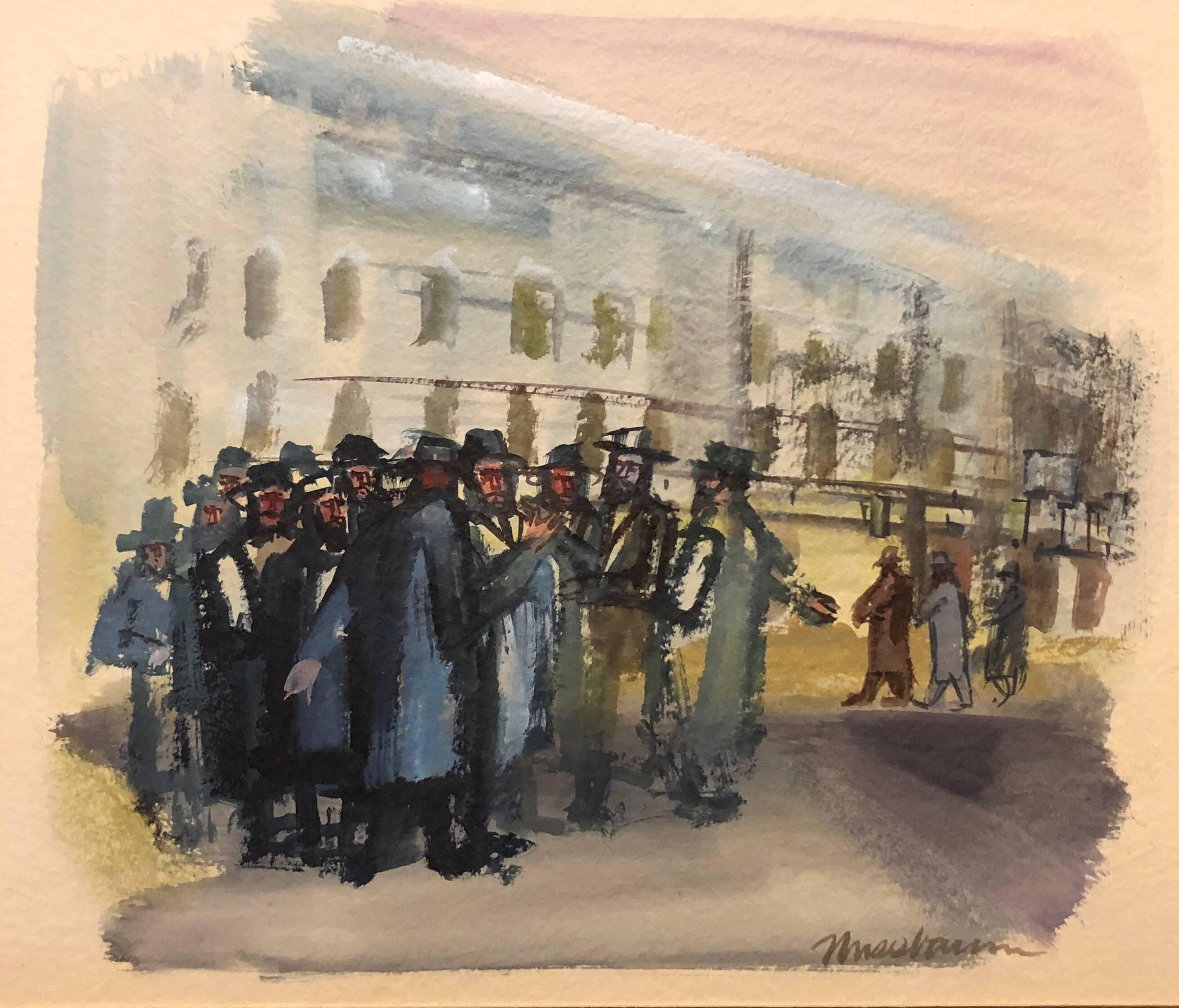 Modernist American Judaica Painting Jewish Men Outside Synagogue Eastern Parkway For Sale 1