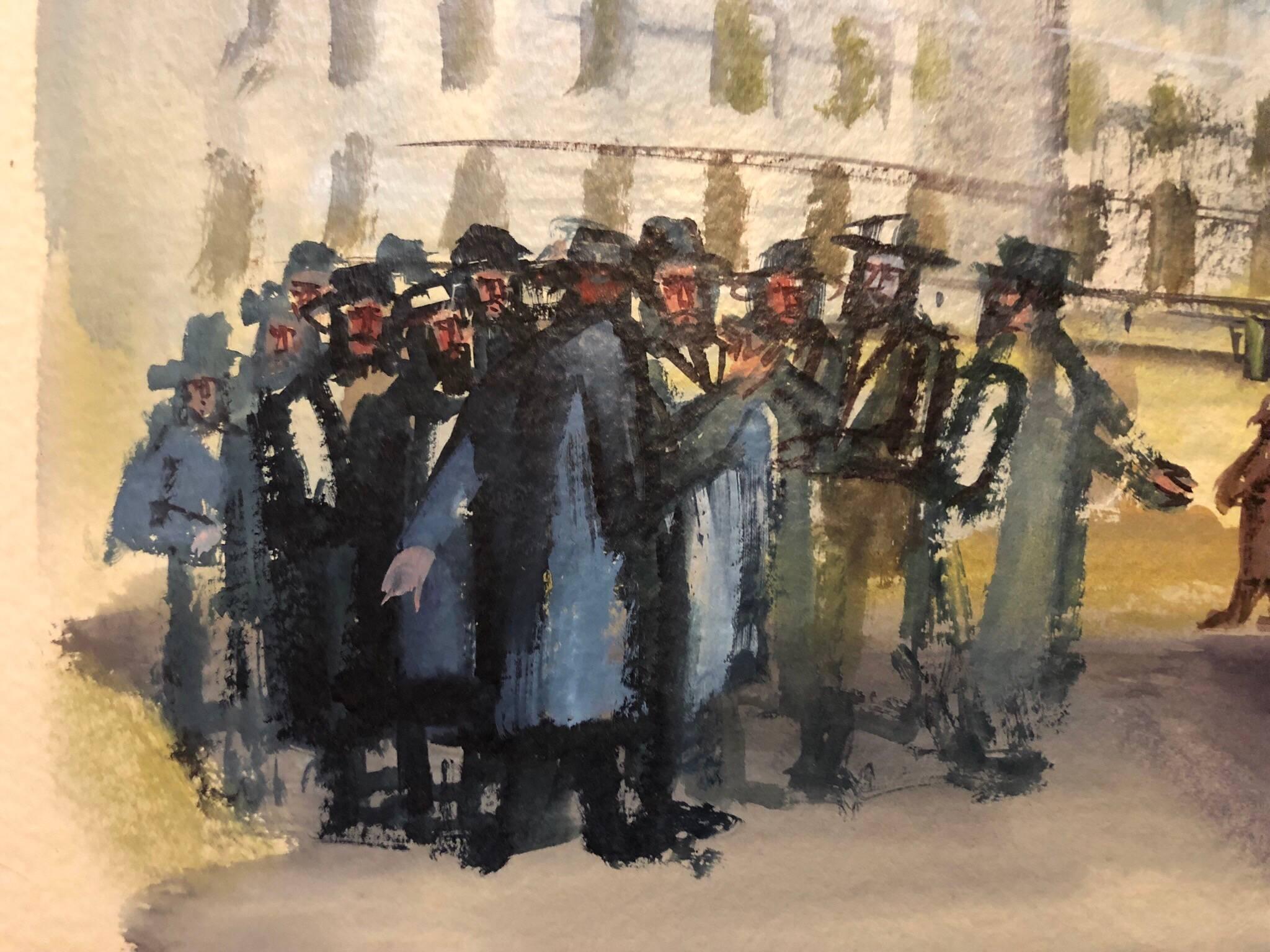 Modernist American Judaica Painting Jewish Men Outside Synagogue Eastern Parkway For Sale 3