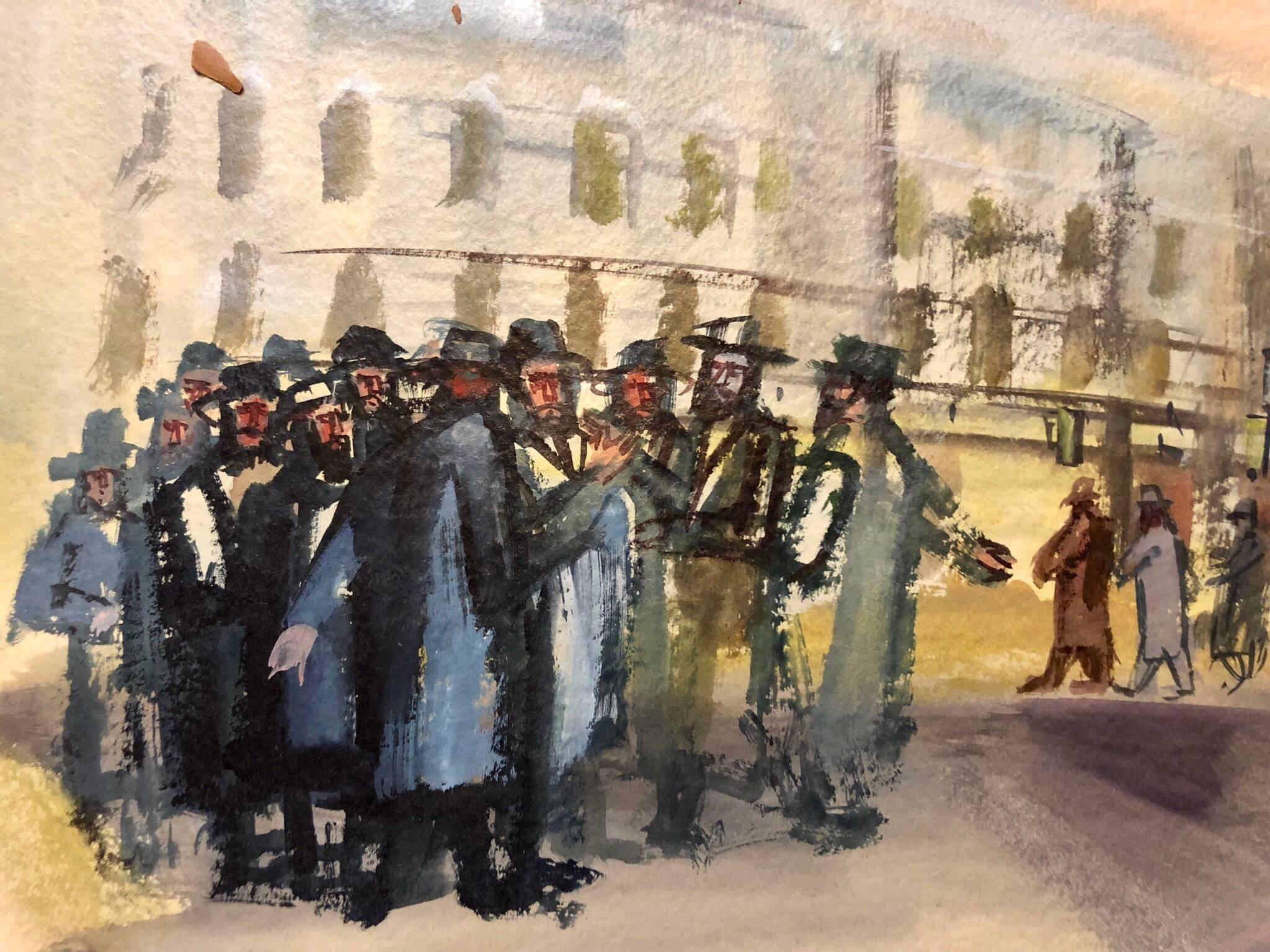 Modernist American Judaica Painting Jewish Men Outside Synagogue Eastern Parkway For Sale 4
