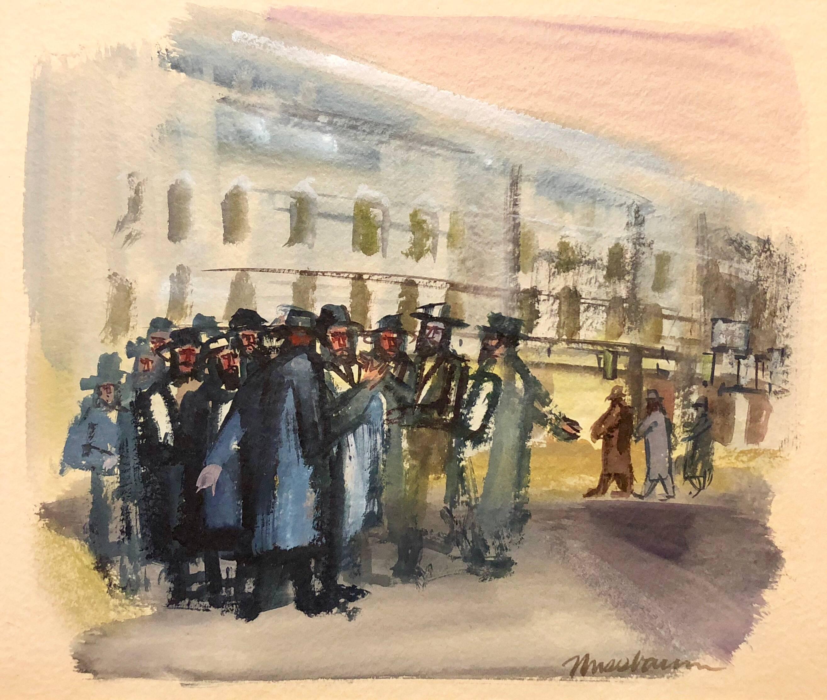 Ervin B. Nussbaum Figurative Painting - Modernist American Judaica Painting Jewish Men Outside Synagogue Eastern Parkway