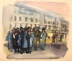 Modernist American Judaica Painting Jewish Men Outside Synagogue Eastern Parkway