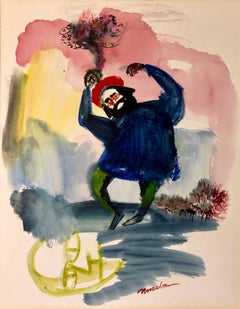 Vintage Modernist American Judaica Painting Purim, Dancing on Haman