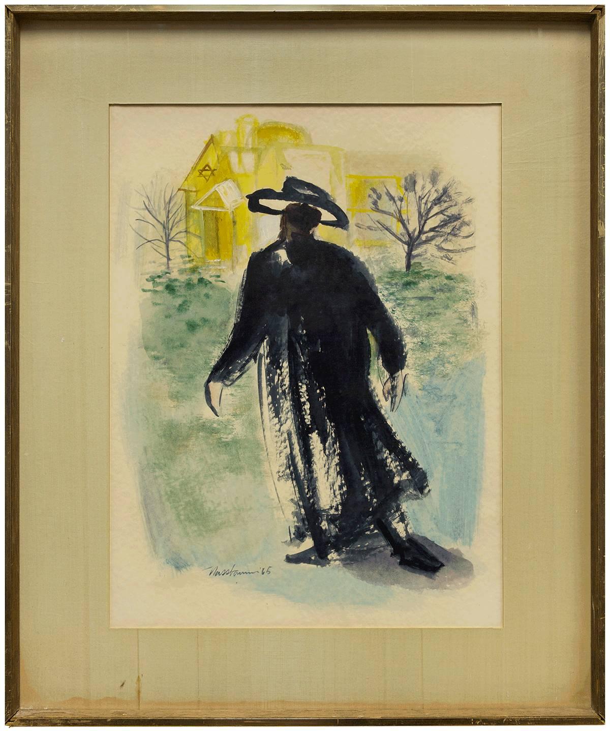 Modernist American Judaica Painting Rabbi Walking to Synagogue  - Beige Figurative Painting by Ervin B. Nussbaum
