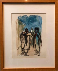 Modernist American Judaica Painting Rabbis in Conversation