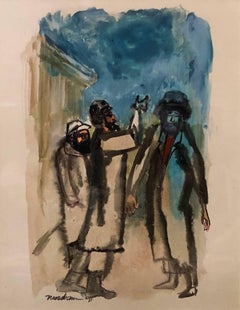 Modernist American Judaica Painting Rabbis in Conversation