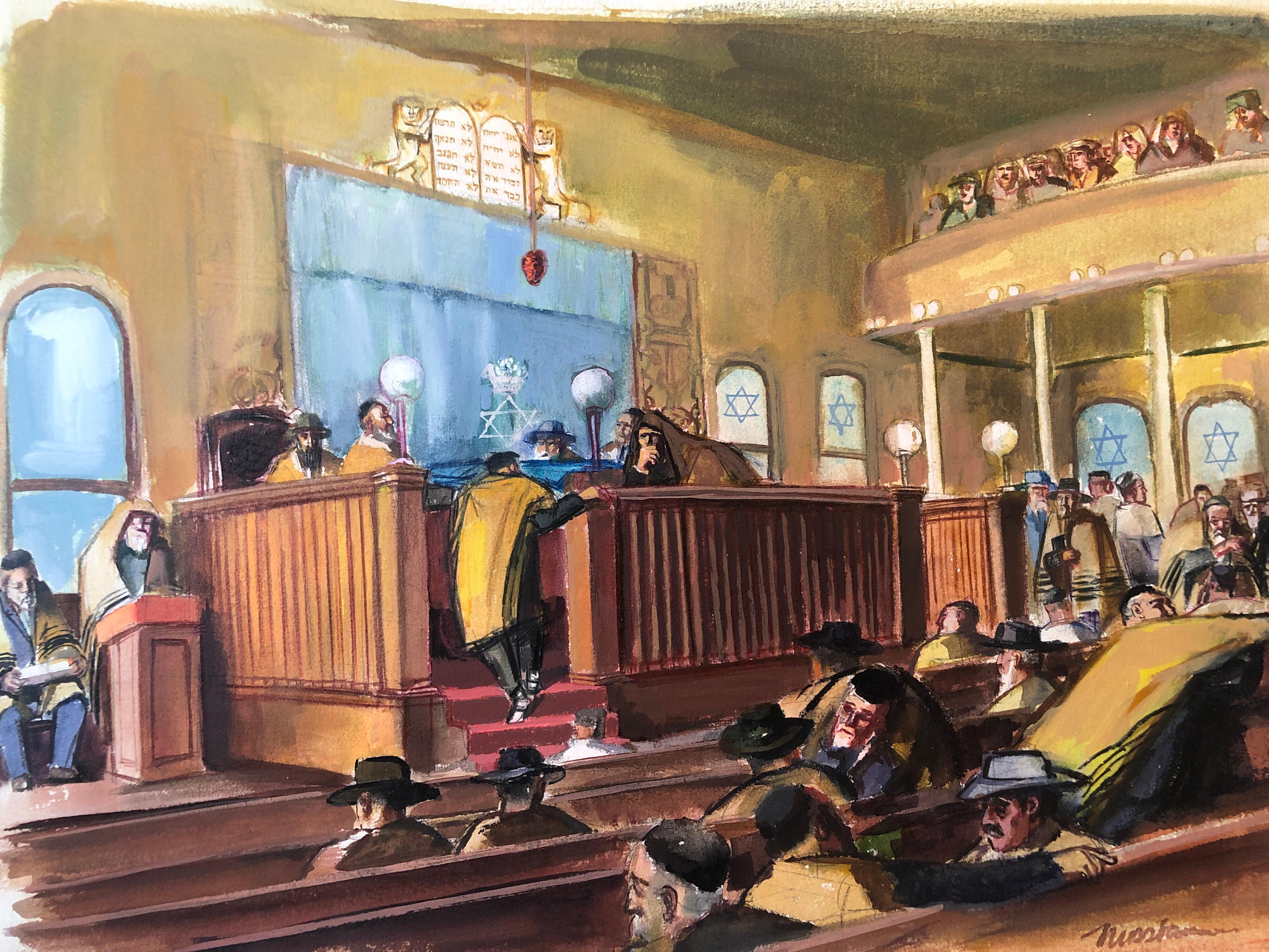 Titled Torah Service, hand signed on Arches archival paper. 
In this painting, Nussbaum portrays a joyful holiday celebration of the Torah reading in the synagogue in a sketch-like manner without focusing on any specific details. The vibrant colors