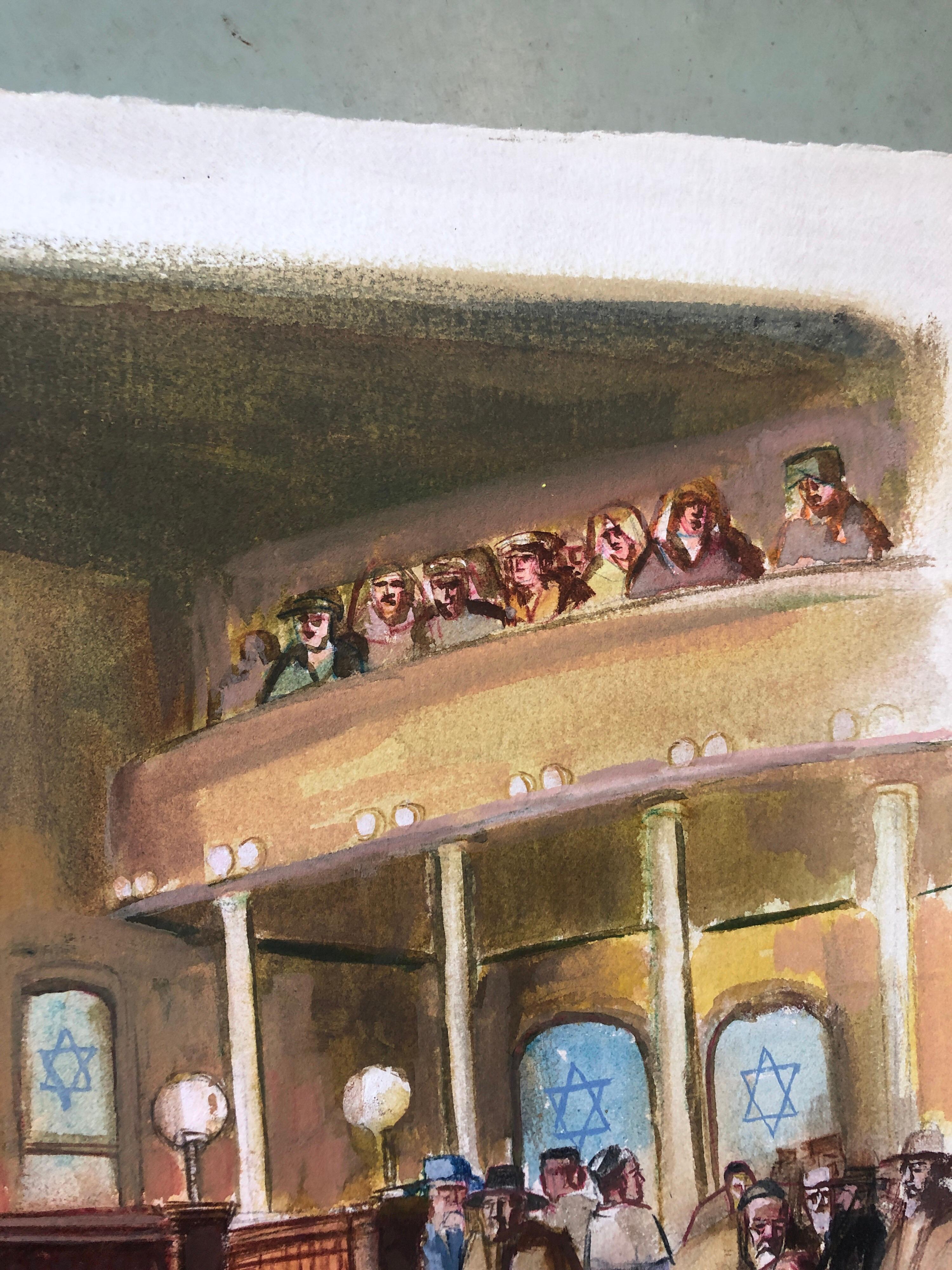 Unter dem Titel Torah Service, handsigniert auf Arches Archivpapier. 
In diesem Gemälde schildert Nussbaum skizzenhaft eine freudige Feiertagsfeier der Tora-Lesung in der Synagoge, ohne auf bestimmte Details einzugehen. Die leuchtenden Farben, die