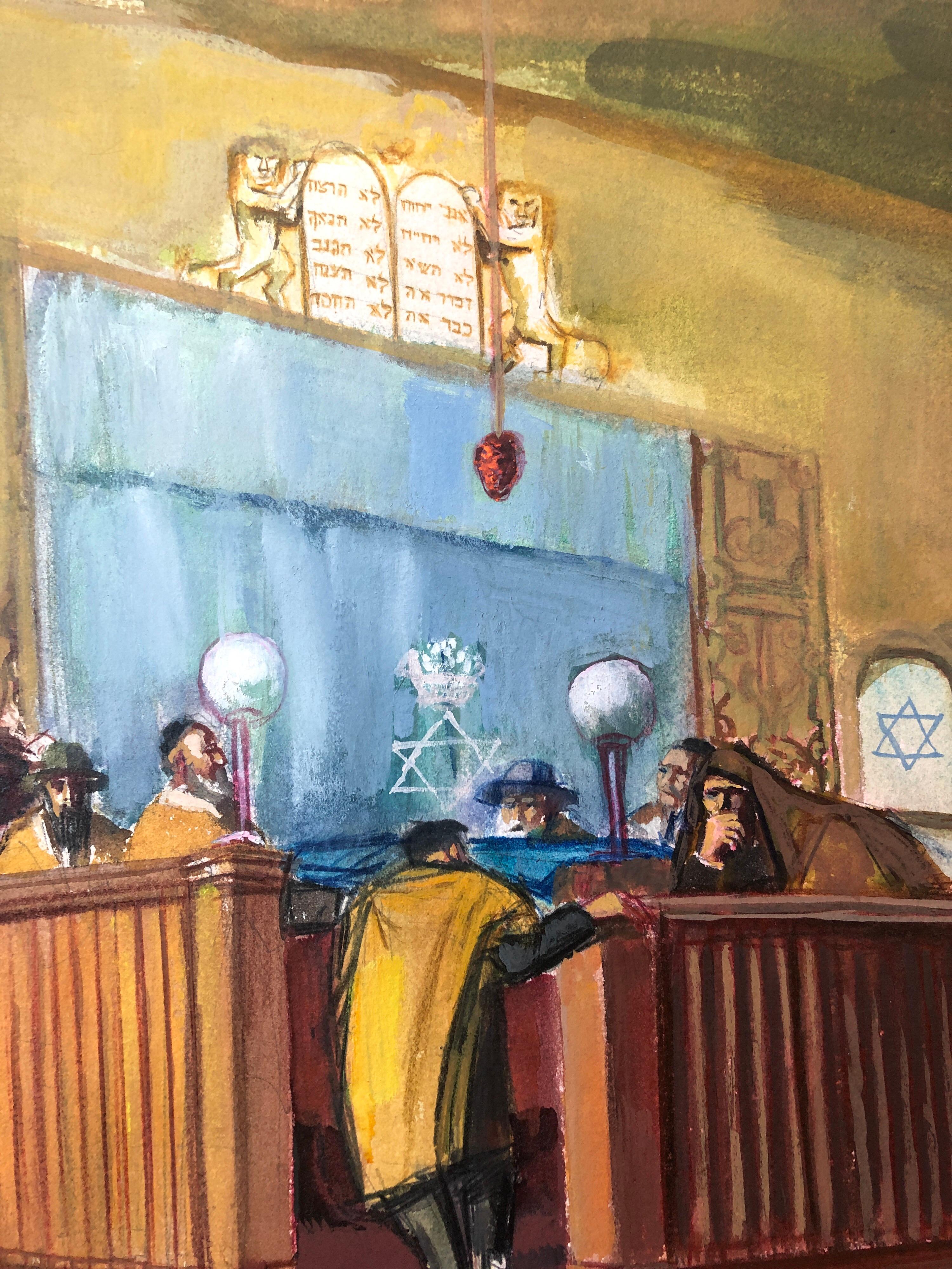 Modernistisches amerikanisches Judaica-Gemälde der Moderne, Synagoge, Innenraum-Damen-Abteilung, WPA-Äragen im Angebot 2