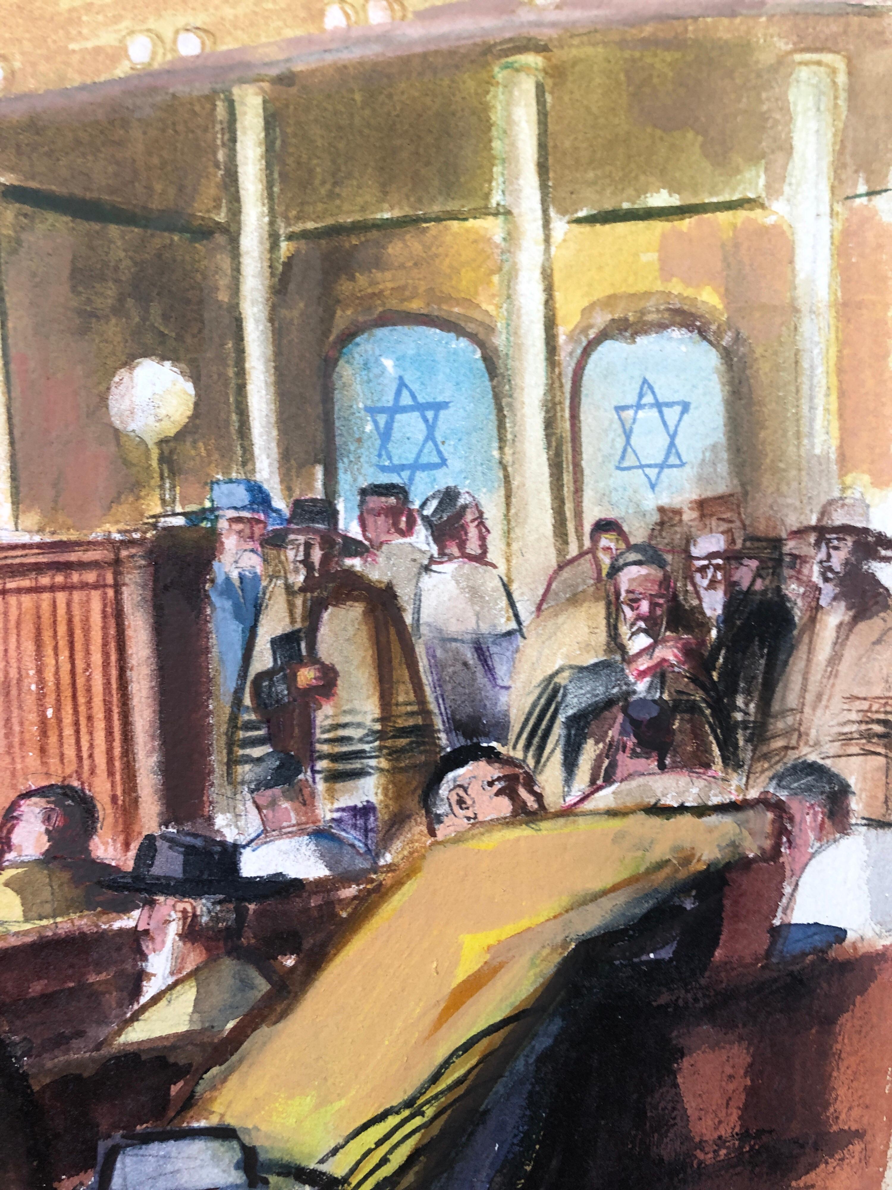 Modernista Pintura Judaica Americana Interior de la Sinagoga Sección Femenina Época WPA en venta 1