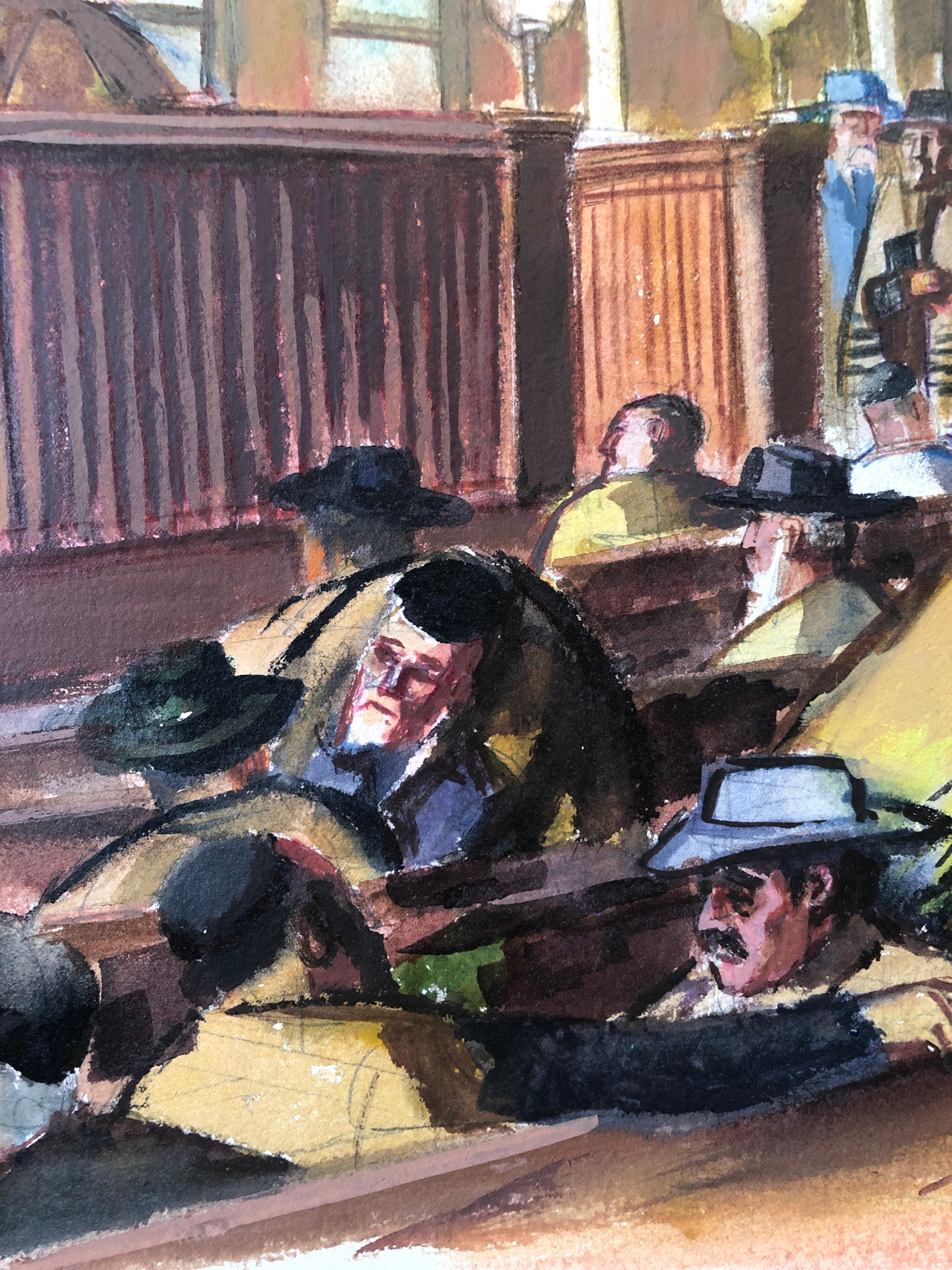 Modernista Pintura Judaica Americana Interior de la Sinagoga Sección Femenina Época WPA en venta 2