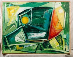 Pittura ad olio cubista d'epoca modernista americana espressionista astratta con cornice