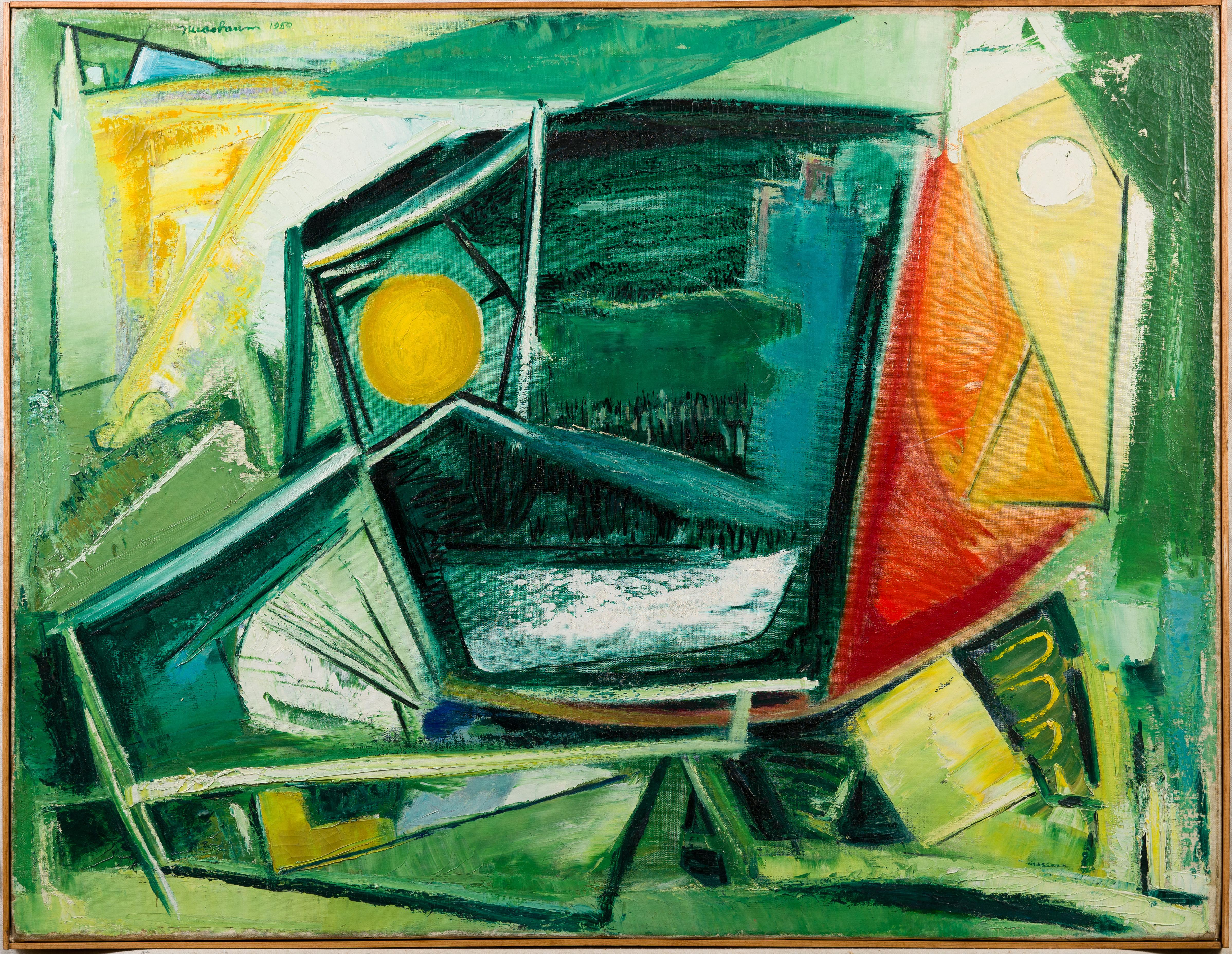 Ervin B. Nussbaum Landscape Painting - Vintage American Modernist Abstract Expressionist Framed Cubist Oil Painting