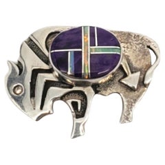 Ervin Hoskie, épingle buffle en argent sterling incrustée de pierres précieuses multicolores #20773