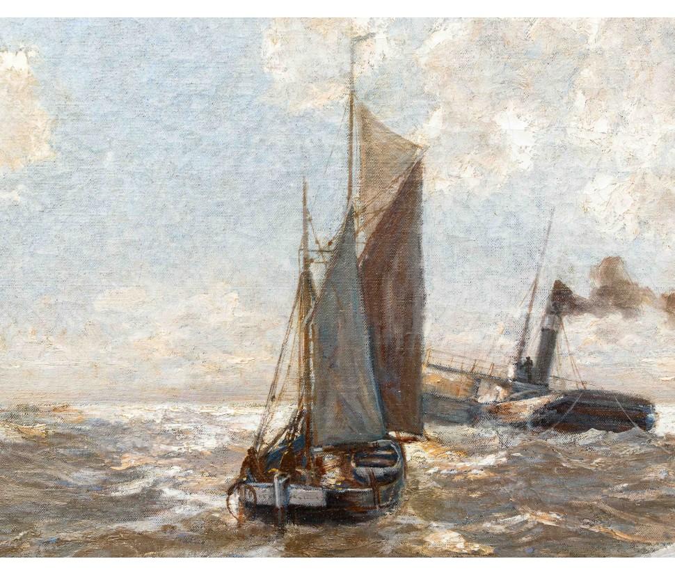 von Erwin Carl Wilhelm Günther, Dampfer und Segelschiffe auf dem Meer (Brown), Landscape Painting, von Erwin Carl Wilhelm Günther 
