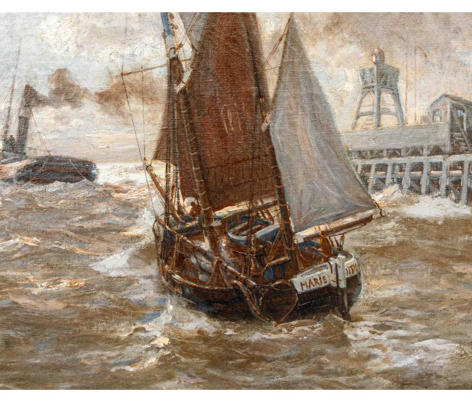Erwin Carl Wilhelm Günther (Hamburg, 1864 - Düsseldorf, 1927)

Dampfschiffe und Segelboote auf dem Meer

Öl auf Leinwand, 65 x 100 cm

Signiert und datiert '(19)15' unten links

Das Gemälde ist links unten signiert und datiert 