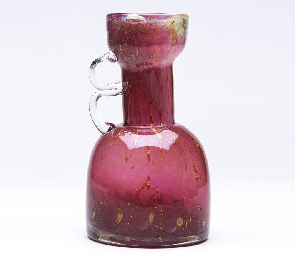 Blown Glass Erwin Eisch German Pfauenauge Collection Cranberry Art Glass Handled Vase For Sale