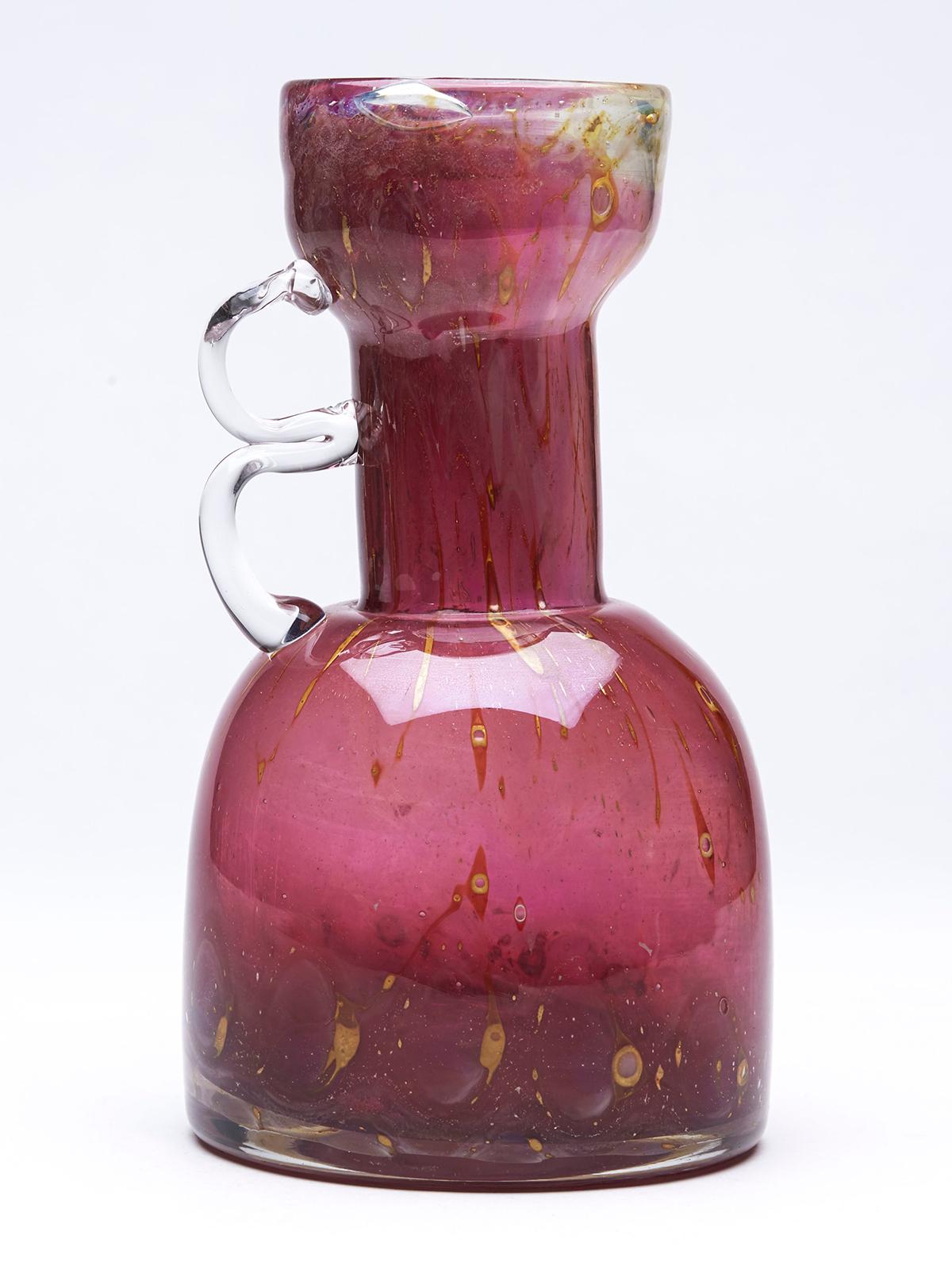 Erwin Eisch German Pfauenauge Collection Cranberry Art Glass Handled Vase For Sale 1