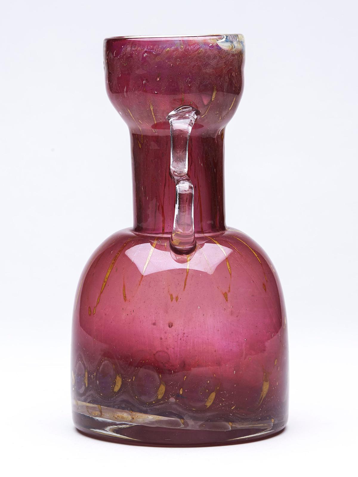 Erwin Eisch German Pfauenauge Collection Cranberry Art Glass Handled Vase For Sale 2