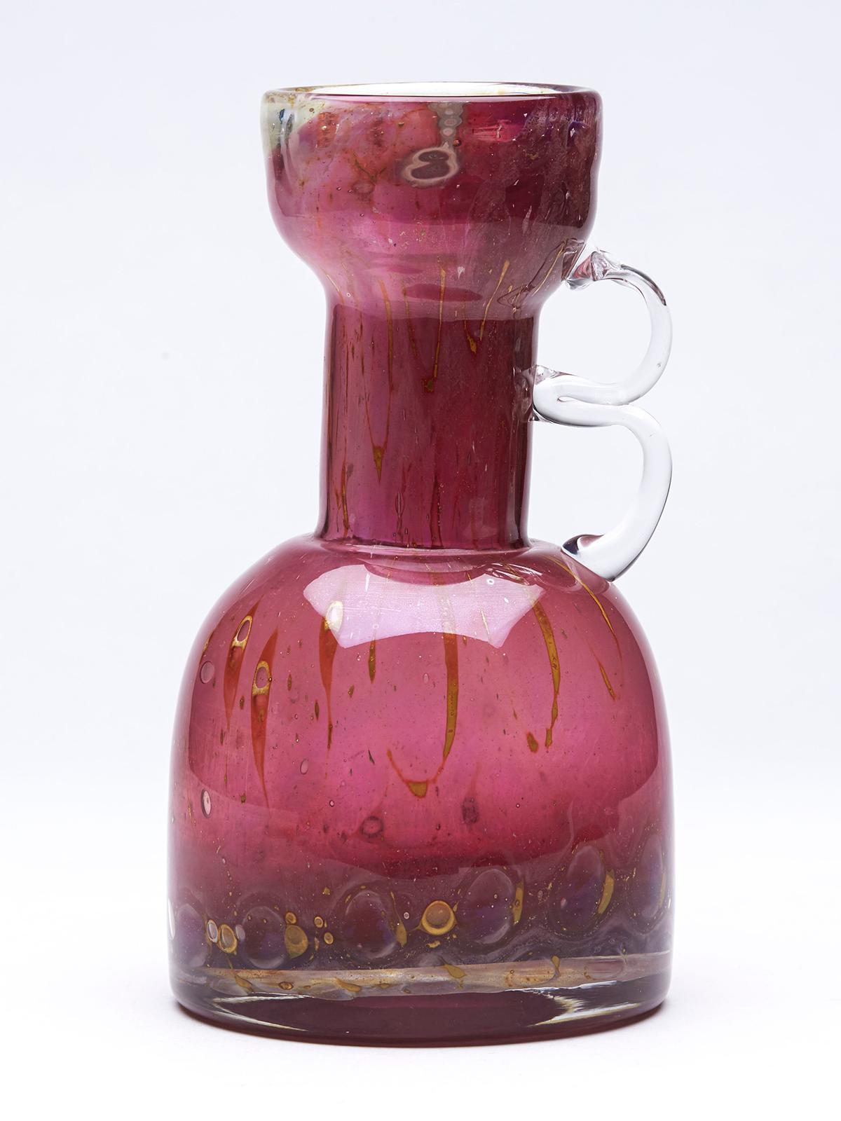 Erwin Eisch German Pfauenauge Collection Cranberry Art Glass Handled Vase For Sale 3