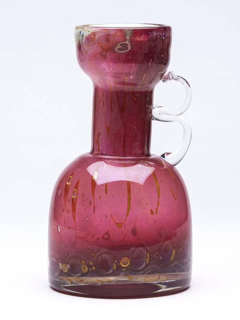 Erwin Eisch German Pfauenauge Collection Cranberry Art Glass Handled Vase  For Sale at 1stDibs