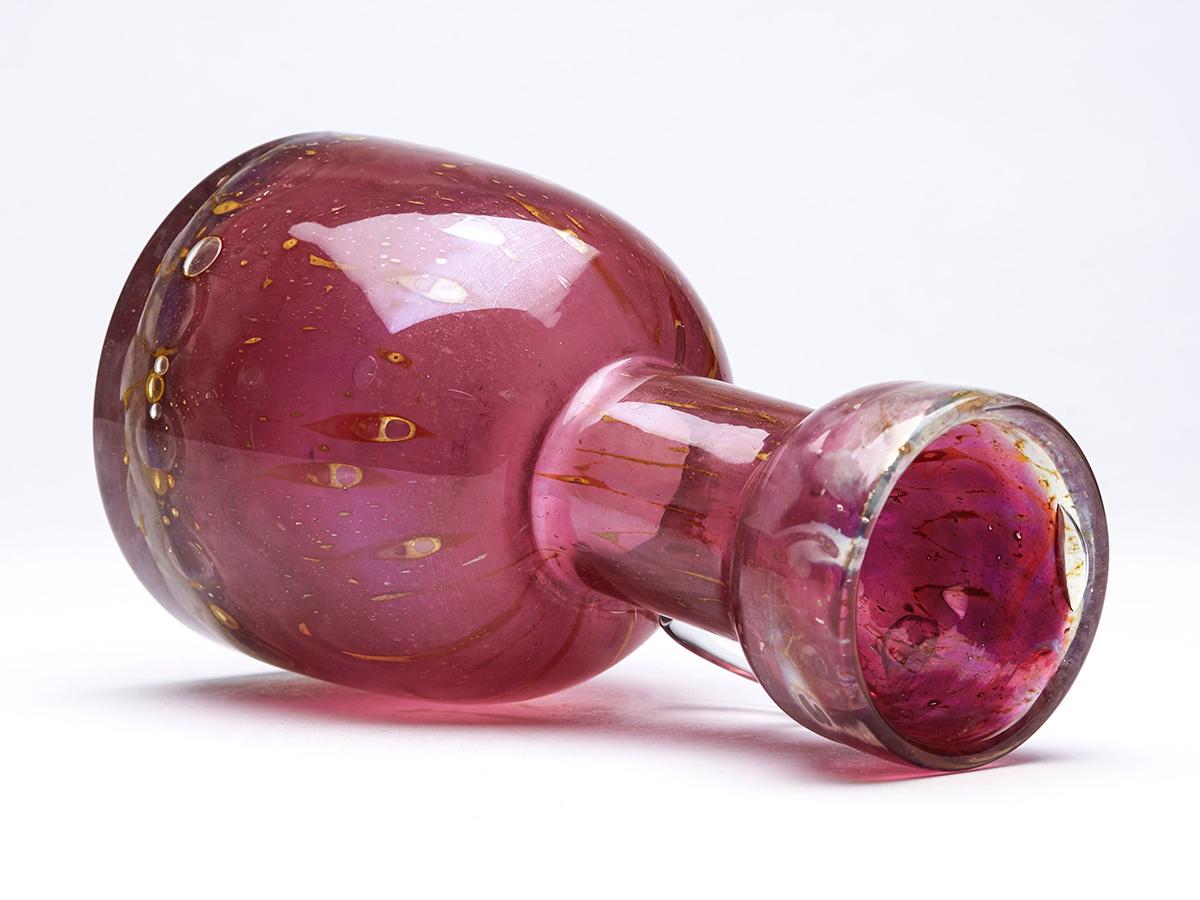 Mid-Century Modern Erwin Eisch German Pfauenauge Collection Cranberry Art Glass Handled Vase For Sale