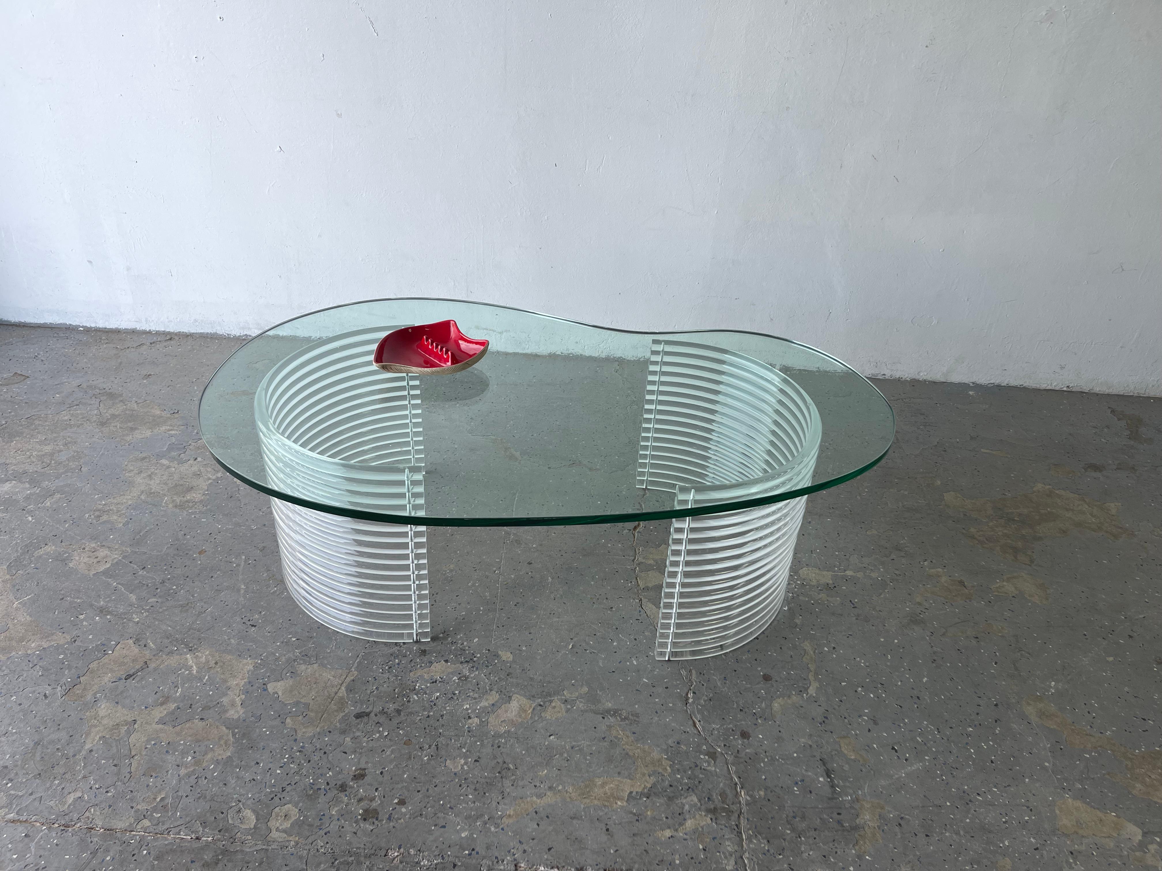 Mid-20th Century Erwin & Estelle Kidney shaped 1980s, Postmodern Lucite and Glass Coffee Table