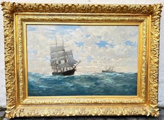 Marine Painting Sailing Ship and Passenger Ship on the High Seas 1918