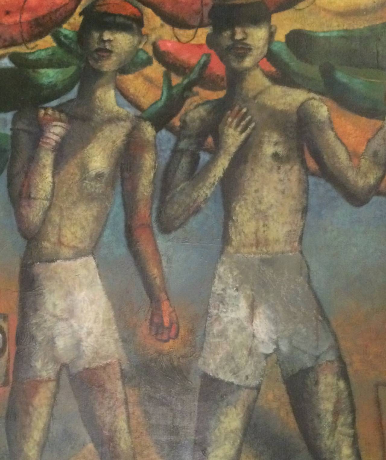 Zwei Männer Kämpfer Figuratives Expressionistisches Ölgemälde auf Leinwand, gerahmt, 1992