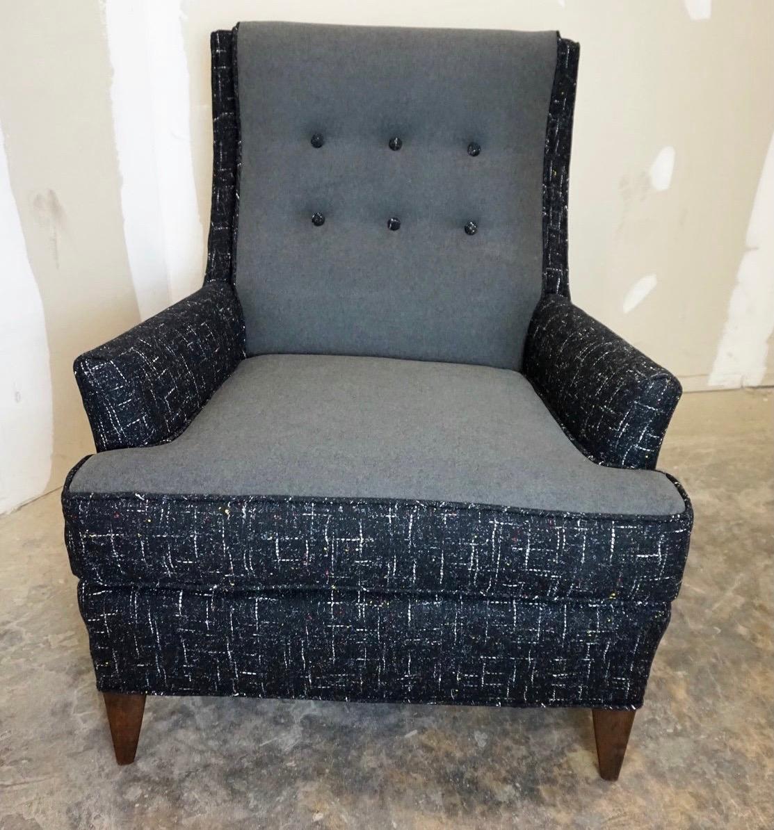 Produced in the mid-1950s in high point, N.C. by Erwin Lambeth, this club chair has been newly upholstered in a wool flannel fabric along with a more contemporary sensuede - se pics. Now, more than ever, home is where the heart is.