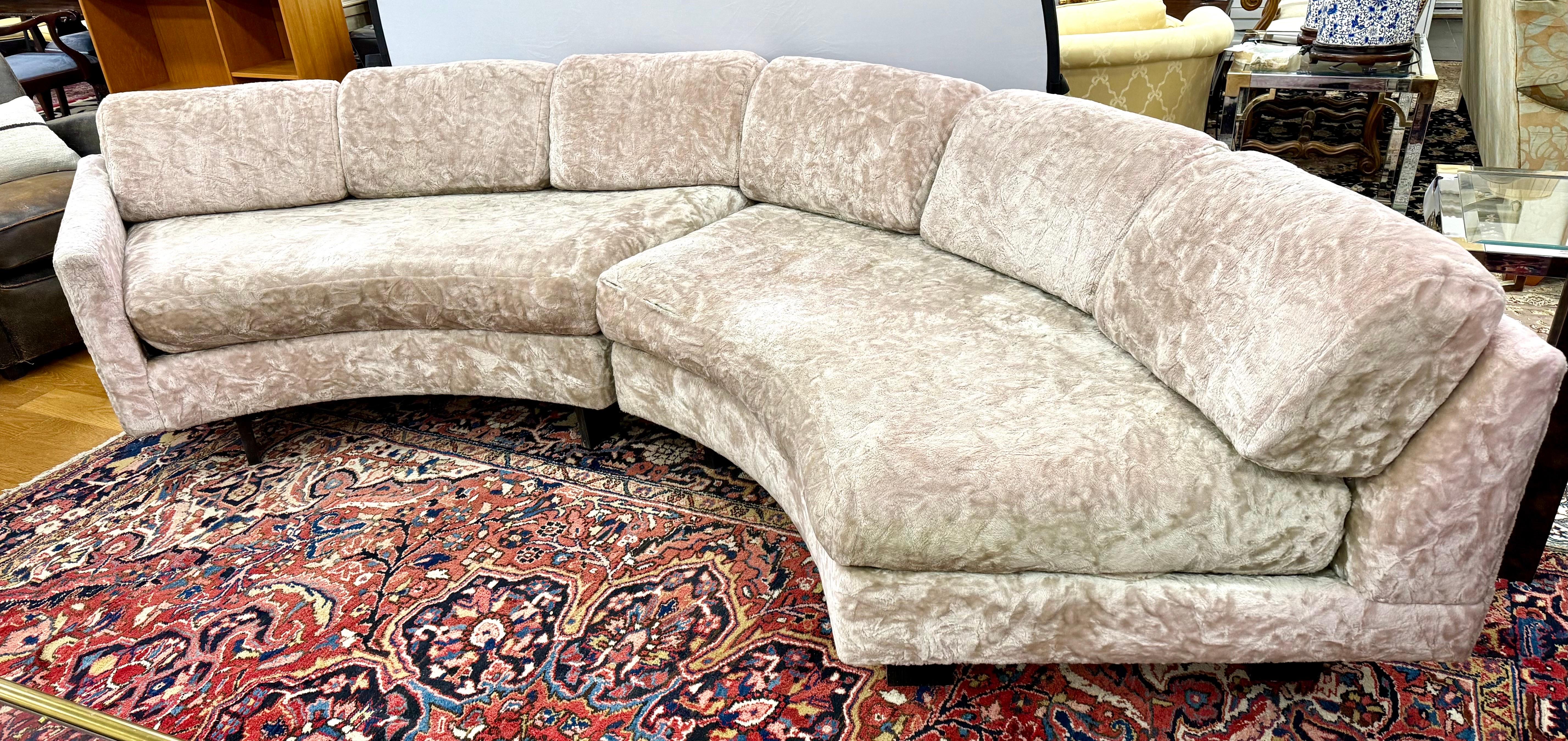 A rare original Erwin-Lambeth curved half moon two piece sectional sofa.  We have included a picture of the original receipt from our client, the sole owner, 50 years ago.  Note the condition shows visible wear to the original upholstery, including