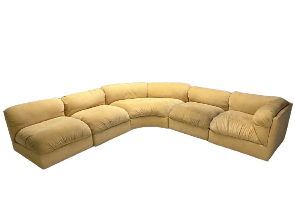 Erwin-Lambeth, Mid-Century Modern, 5 Piece Modular Sectional Sofa for Re-upholstery

A large center demi lune settee flanked by two pair of side chairs. Stunning 5-piece circular Erwin Lambeth sectional sofa. This vintage sectional sofa is quality