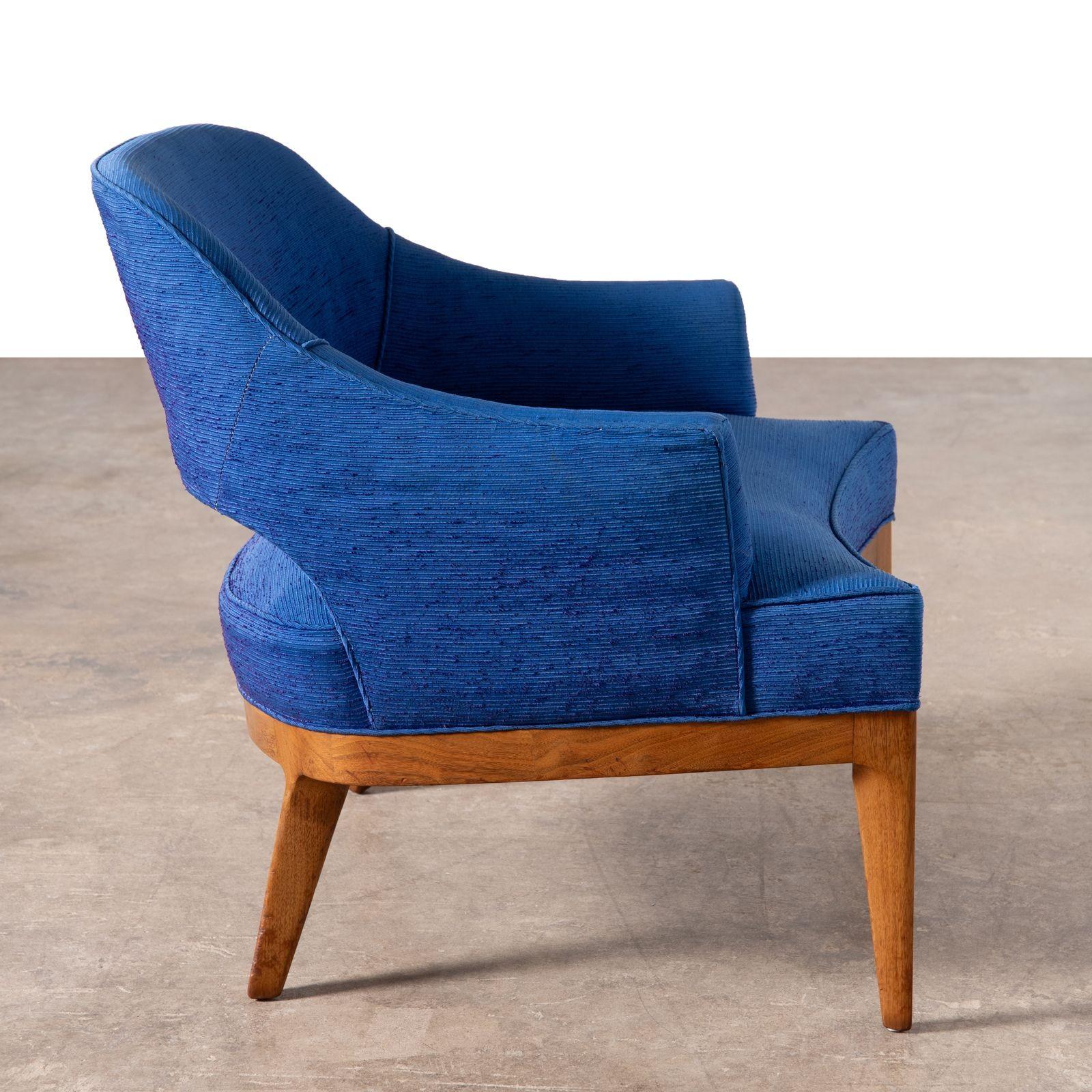 Erwin Lambeth Open Back Lounge Chairs in Raw Blue Silk with Walnut Frames 1960s For Sale 5