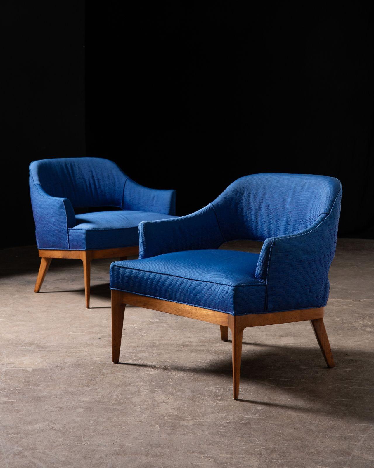 Priced individually but sold only in pairs.
These open back low slung lounge chairs were crafted by the Erwin-Lambeth company and are often mis-attributed to designers Harvey Probber and Edward Wormley. Erwin-Lambeth produced high end mid-century